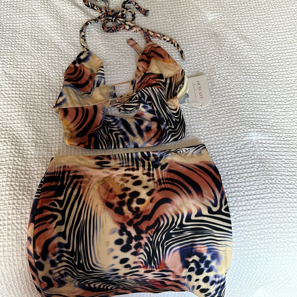 Outcast animal print halter crop top and mini skirt